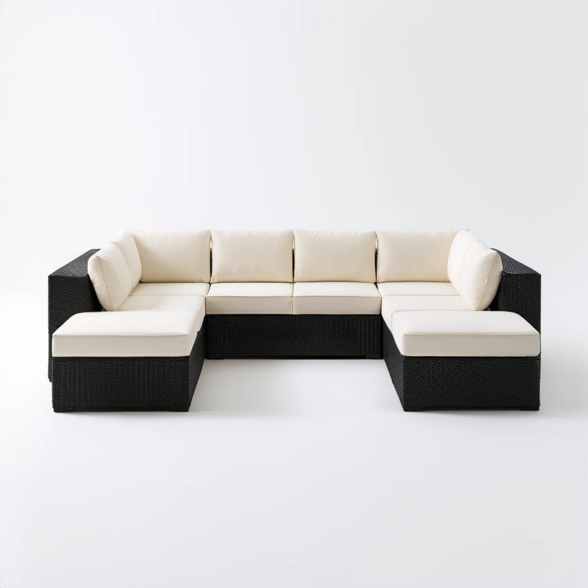 Modułowa sofa ogrodowa w kształcie U z technorattanu PE, czarno-kremowa, 280 x 140 x 63 cm