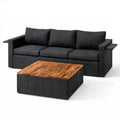 Czarny zestaw wypoczynkowy z technorattanu PE z drewnianymi blatami, sofa 210 x 75 x 65 cm i stolik 100 x 60 x 35 cm