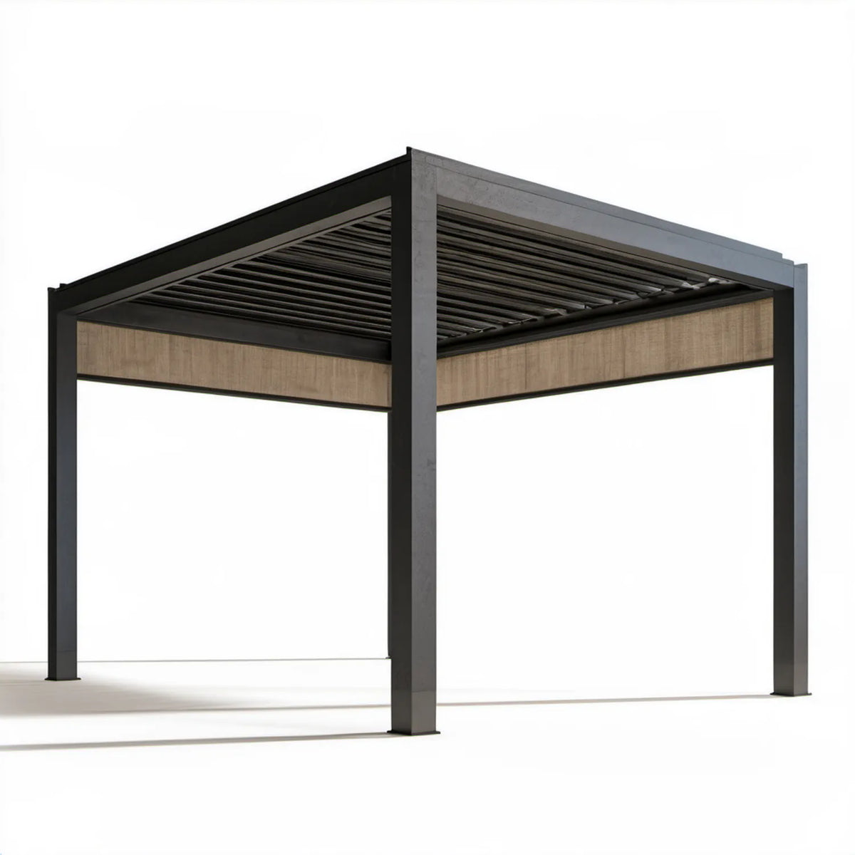Aluminiowa pergola ogrodowa 300 x 300 x 230 cm czarna z beżowymi roletami bocznymi i regulowanym dachem lamelowym